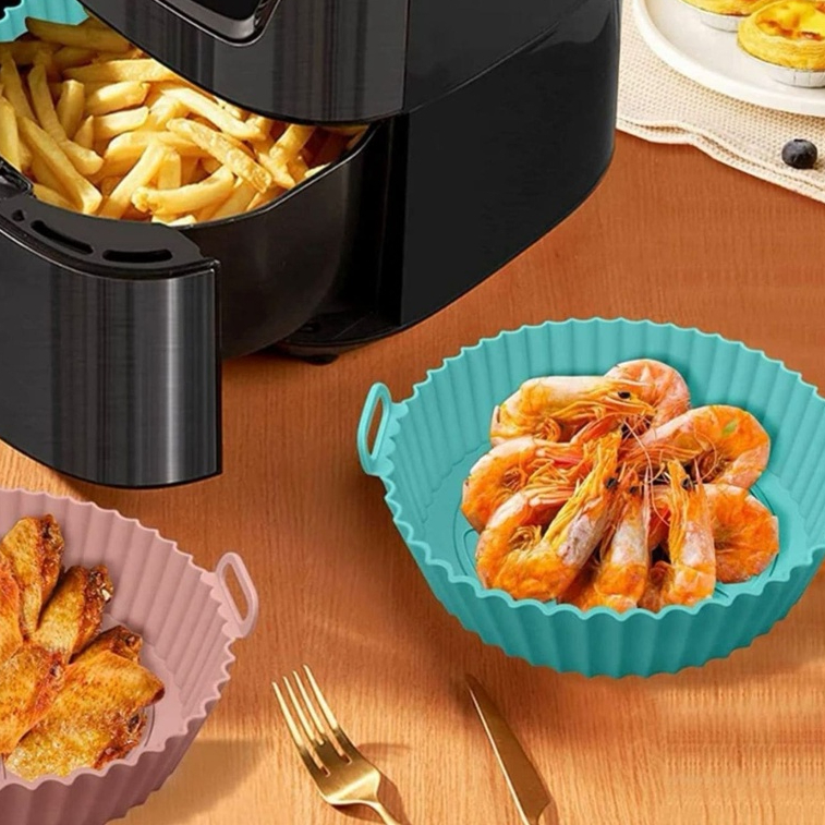 Kit 02 Cesto de Silicone Redondo Air Fryer e Forma Forno para Fritadeira Elétrica Cores Aleatórias DT8674