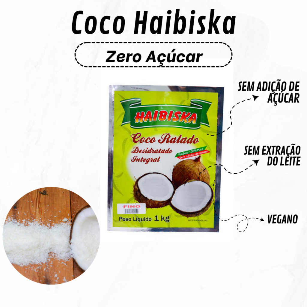 Coco ralado fino 1kg desidratado, Zero Açucar sem extração do leite e sem adição de açúcar.