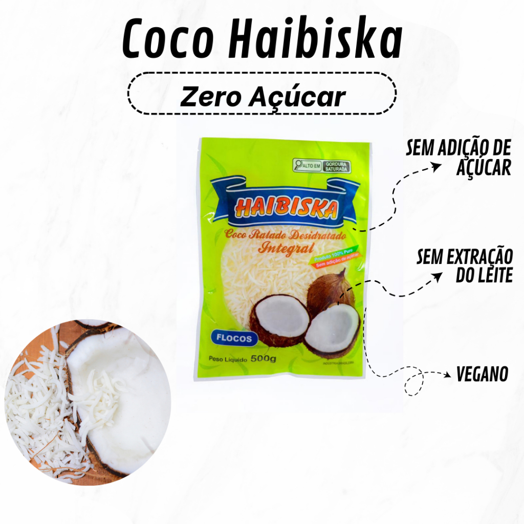 Coco Ralado FLOCOS 500g desidratado Zero Açucar, sem extração do leite e sem adição de açúcar.