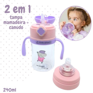 Copo e Mamadeira 2 em 1 Infantil Com Alça Removível Infantil Anti Vazamento Com Canudo e Bico Para Bebê Aprendizagem Garrafa De Agua Infantil 240ml