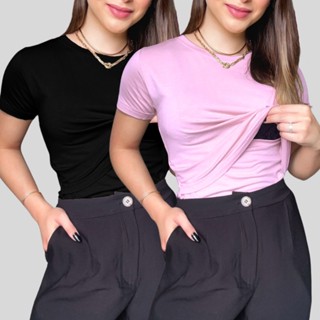 KIT 2 Blusas Amamentação Diversas Cores Premium Camiseta Manga Curta T-shirt Gestante Grávida Maternidade Amamentar