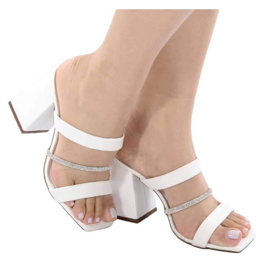 Tamanco Feminino Salto Bloco Geométrico 7,5cm Bico Quadrado Tiras Strass Macio Tendência Verão