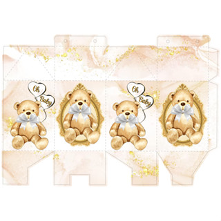 KIT 10 UND. CAIXINHAS PERSONALIZADAS (FOLHA COM ARTE IMPRESSA) TEMA CHÁ DE BEBÊ URSINHO BRANCO E DOURADO