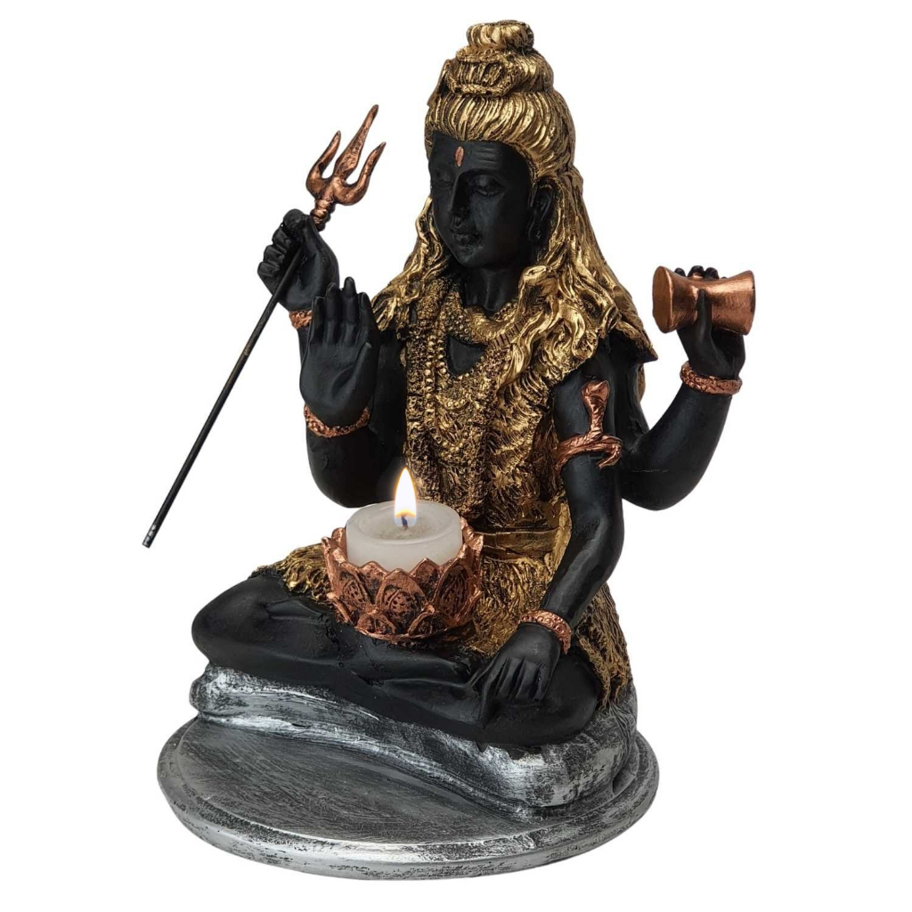 Estatueta Deusa Shiva Indiano Flor de Lotus Porta Vela Castical Incensario Enfeite Decorativo em Resina