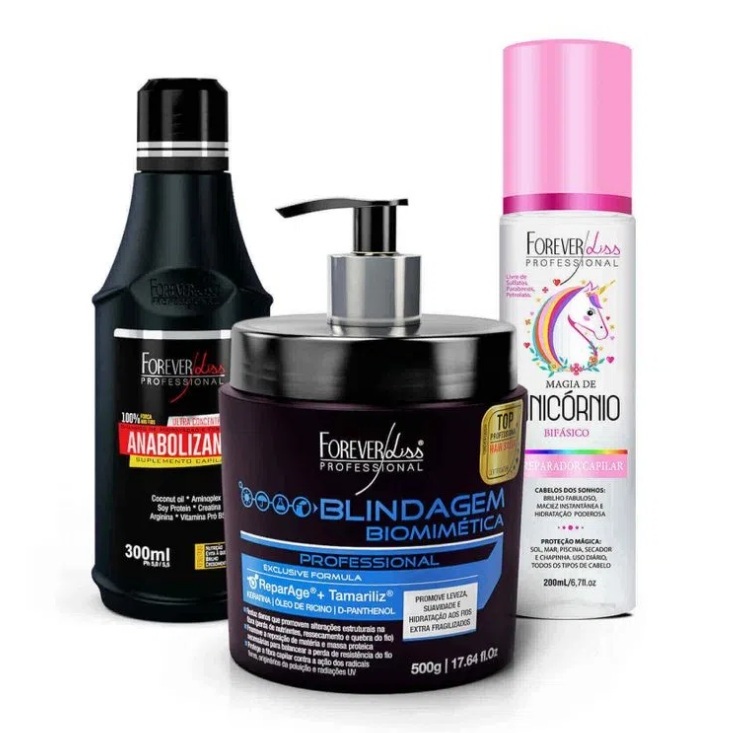 Kit Proteção Solar Capilar Forever Liss - Shampoo Anabolizante 300ml + Blindagem 500g + Magia de Unicórnio