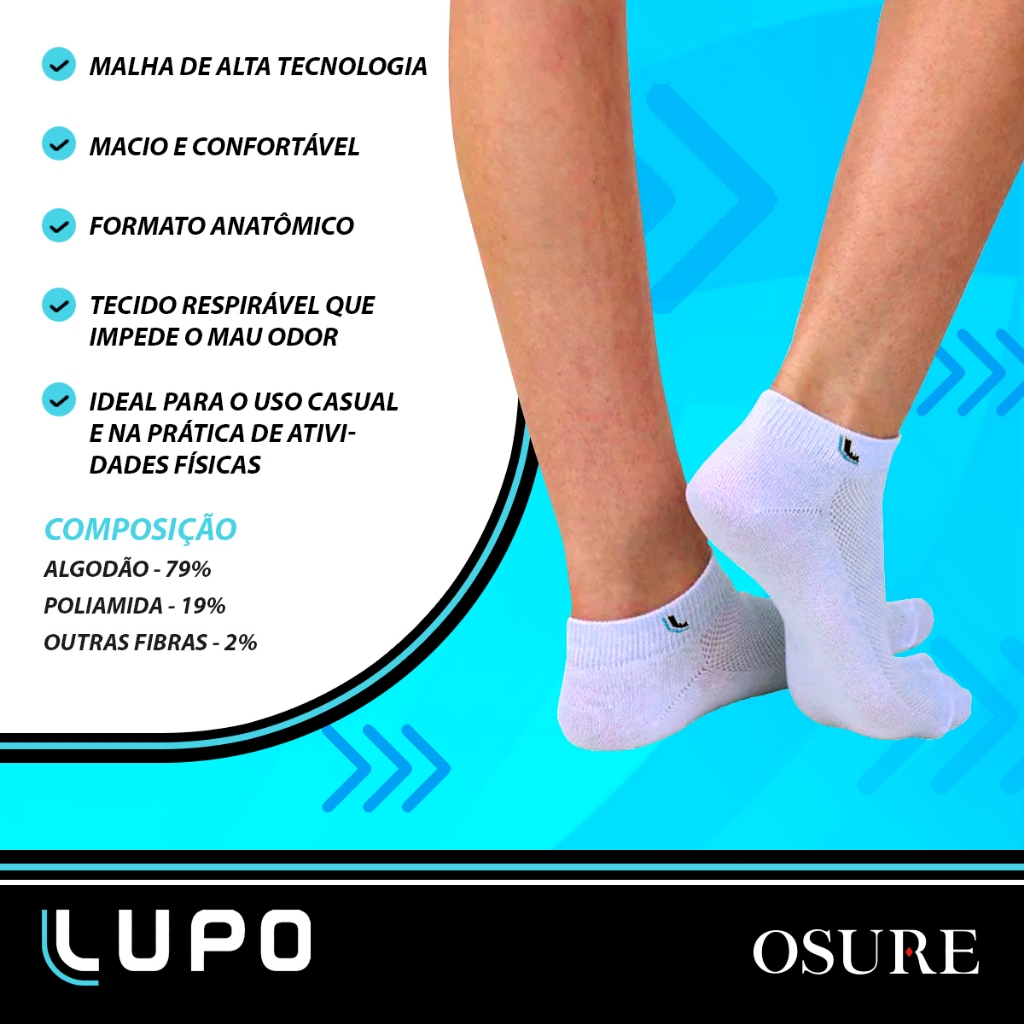 Detalhes do Kit 10 Pares Meias Cano Curto Baixo Lupo Original Algodão Masculino Feminina Soquete Academia