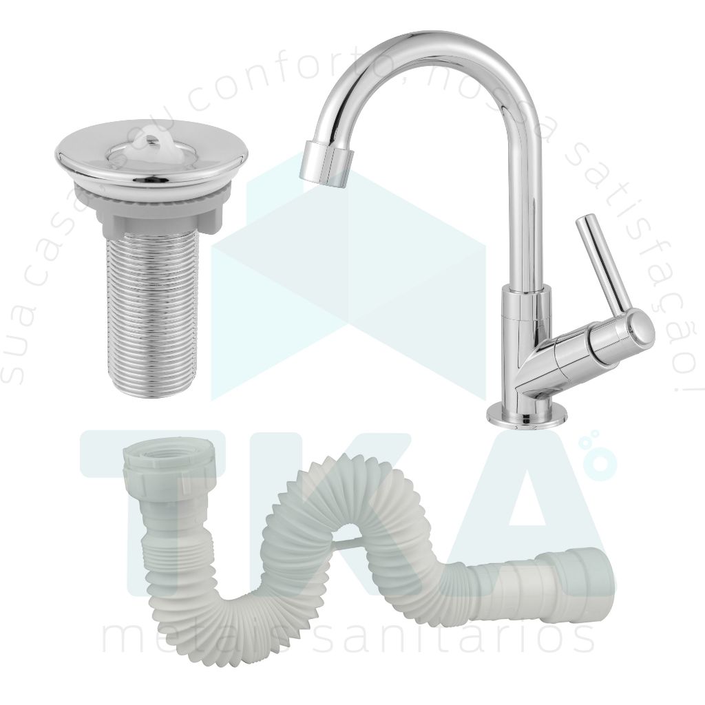 Kit Para Cuba Lavatório Torneira Pia de Banheiro Cromado ABS + Valvula 7/8 Cromada + Sifão Branco