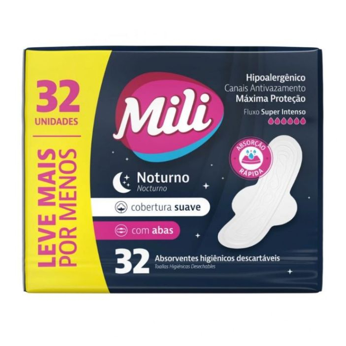 Absorvente Mili Noturno Gigante 32 Unidades Suave - Máxima Proteção Pós-Parto e Fluxo Intenso - Mili