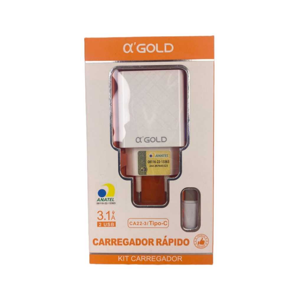 Carregador tipo C branco A GOLD carregador rápido carregador com 2 entradas carregador tipo C rápido carregador tipo c com 2 entradas carregador USB tipo c cabo USB tipo c cabo tipo c cabo e fonte USB 2 entradas fonte e cabo tipo c