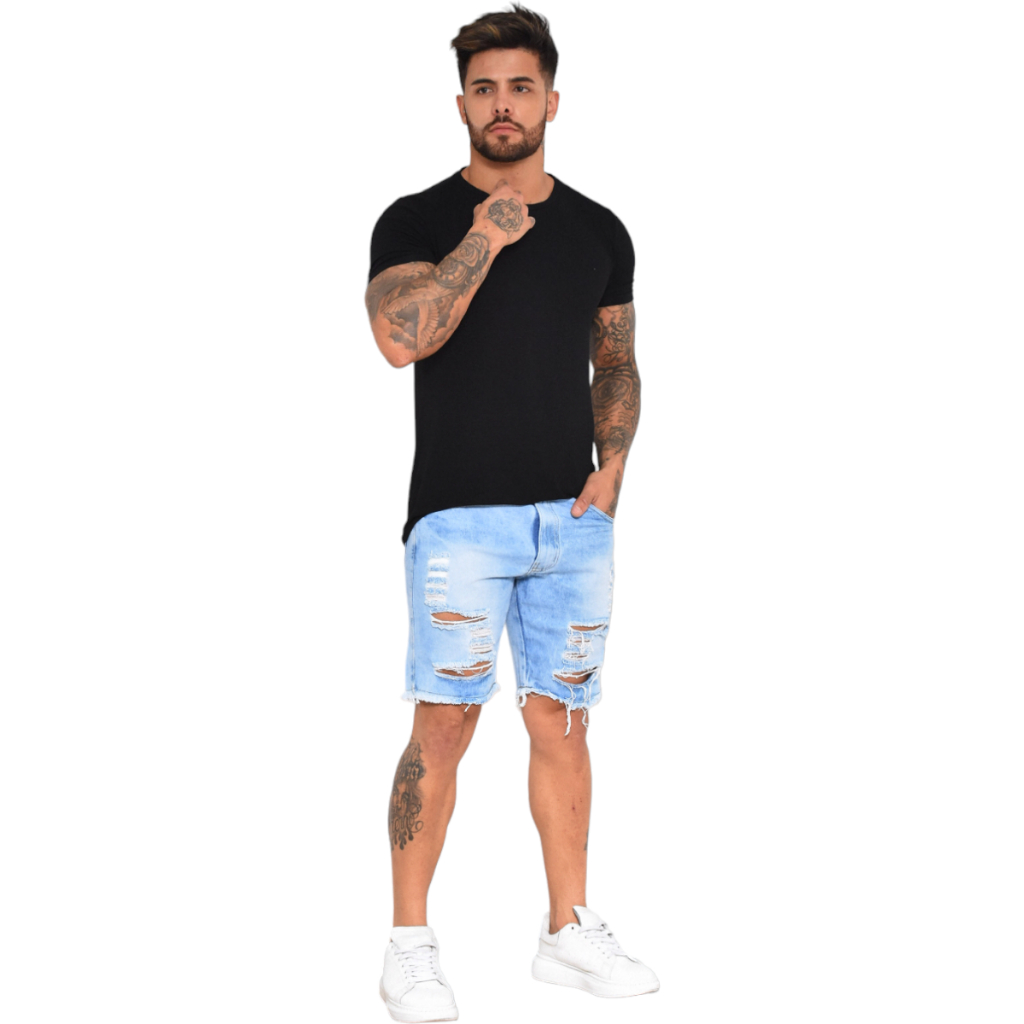Bermuda Jeans Destroyed Short Denim Desfiado com Algodão e Laicra