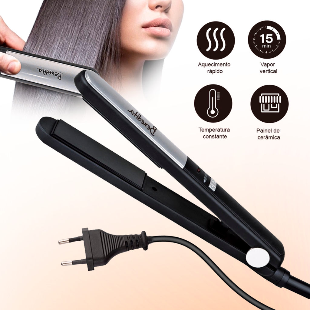 Chapinha Alisadora Prancha de Cabelo Profissional Temperatura a 200º C Cerâmica Preta Bivolt