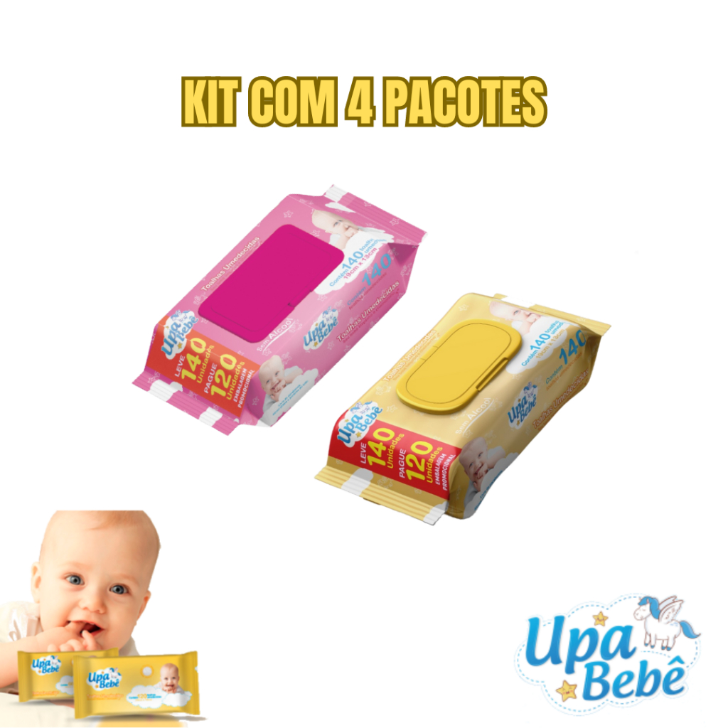 Kit c/4 pacotes Lenço Umidecido bebe - Toalhas umidecidas Upa Bebê c/140 - Rosa e Amarelo