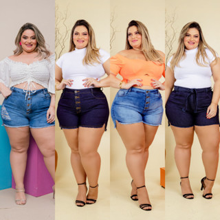 Kit 4 Short Jeans Feminino Plus Size Lycra Cós Alto