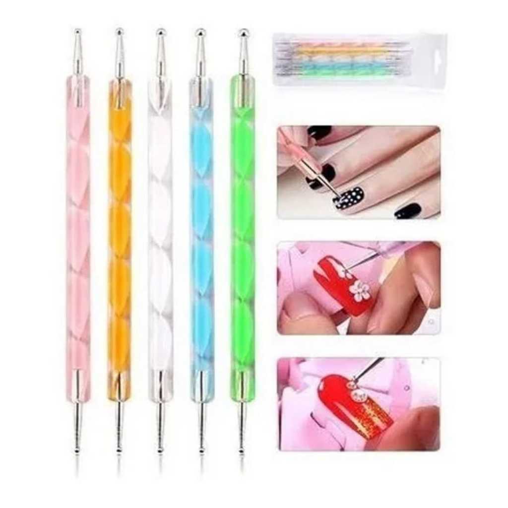 Kit 5 Pincel Boleador Decoração Unhas Encapsulado Ponta Dupla Envio Imediato