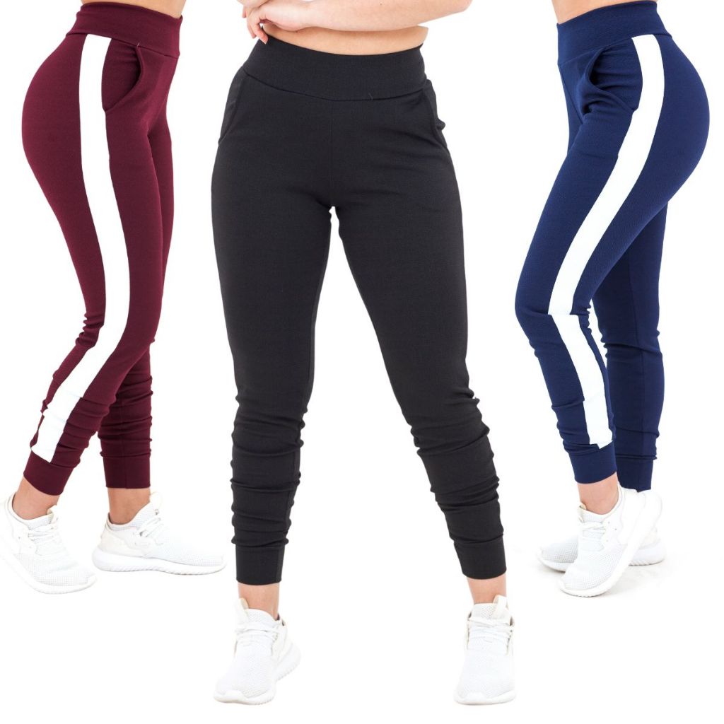 Kit 3 Calças Feminina Jogger Listrada Crepe Slm Fit Academia em Oferta na Shopee