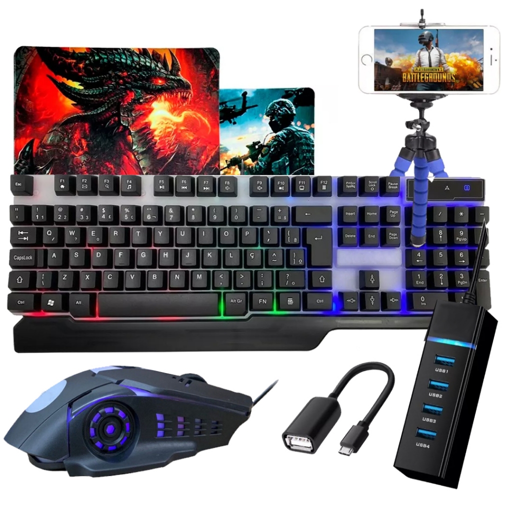 Kit Mobilador Completo Gamer Barato P/ Jogar Free Fire Teclado e Mouse Led Rgb Com Fio Usb P/ Celular