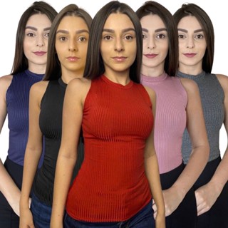 Blusa Canelada Feminina Regata Feminina Canelada Gola Alta Sem Manga Cavada