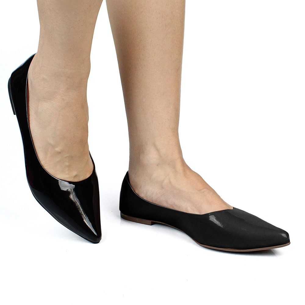 Sapatilha Bico Fino Feminina Verniz Casual Confortável e Macia Preta Sandália Feminino Elegante
