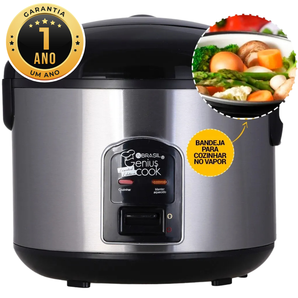Imagem Panela Elétrica de Arroz 10 xícaras 1.8L - com legumeira - Inox - Multifuncional - In Brasil