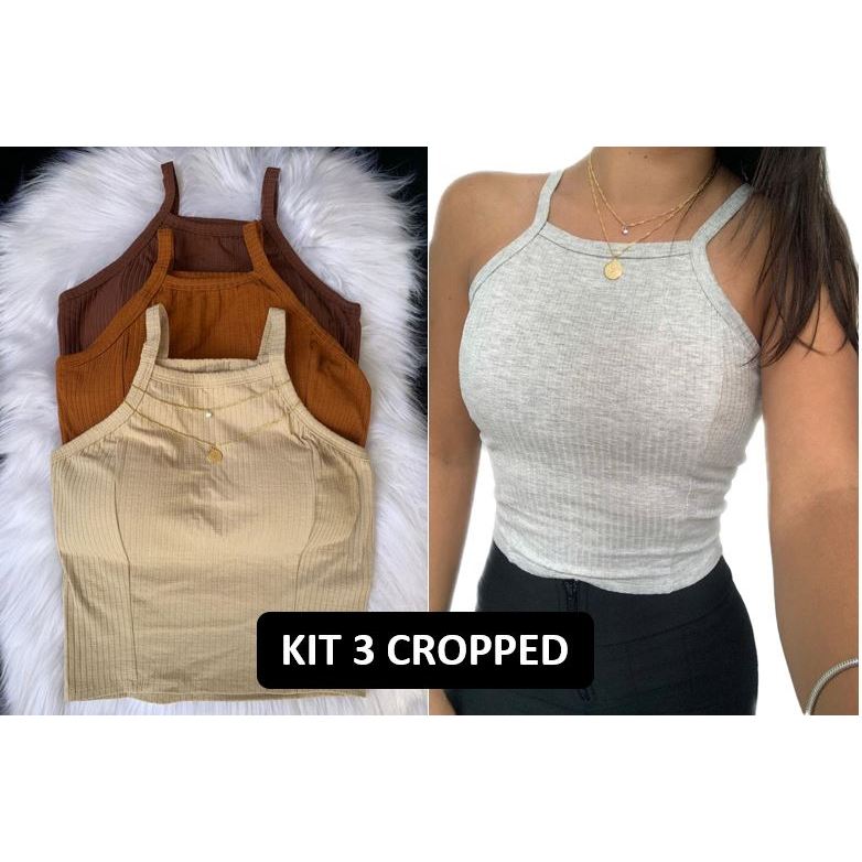 kit 3 cropped com bojo Blusinha Feminina blusa Canelada Regatinha Alcinha Verão 2023 tendência promoção princesa elegante blogueira luxo estilosa