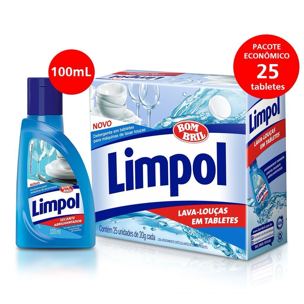 Kit Lava Louças Limpol para Máquina - Detergente em Tablete mais Liquido Secante Abrilhantador