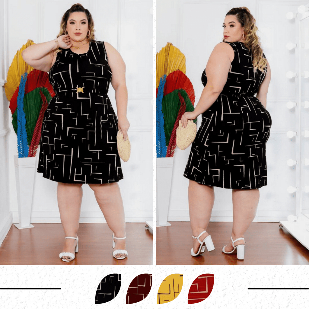 Vestido Regata Estampado com Cinto Saia Rodada - Moda Evangélica  - Plus Size