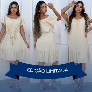 Vestido Ciganinha Midi com Lacinho removível Gola ombro a ombro Moda Casual Tendência, Verão