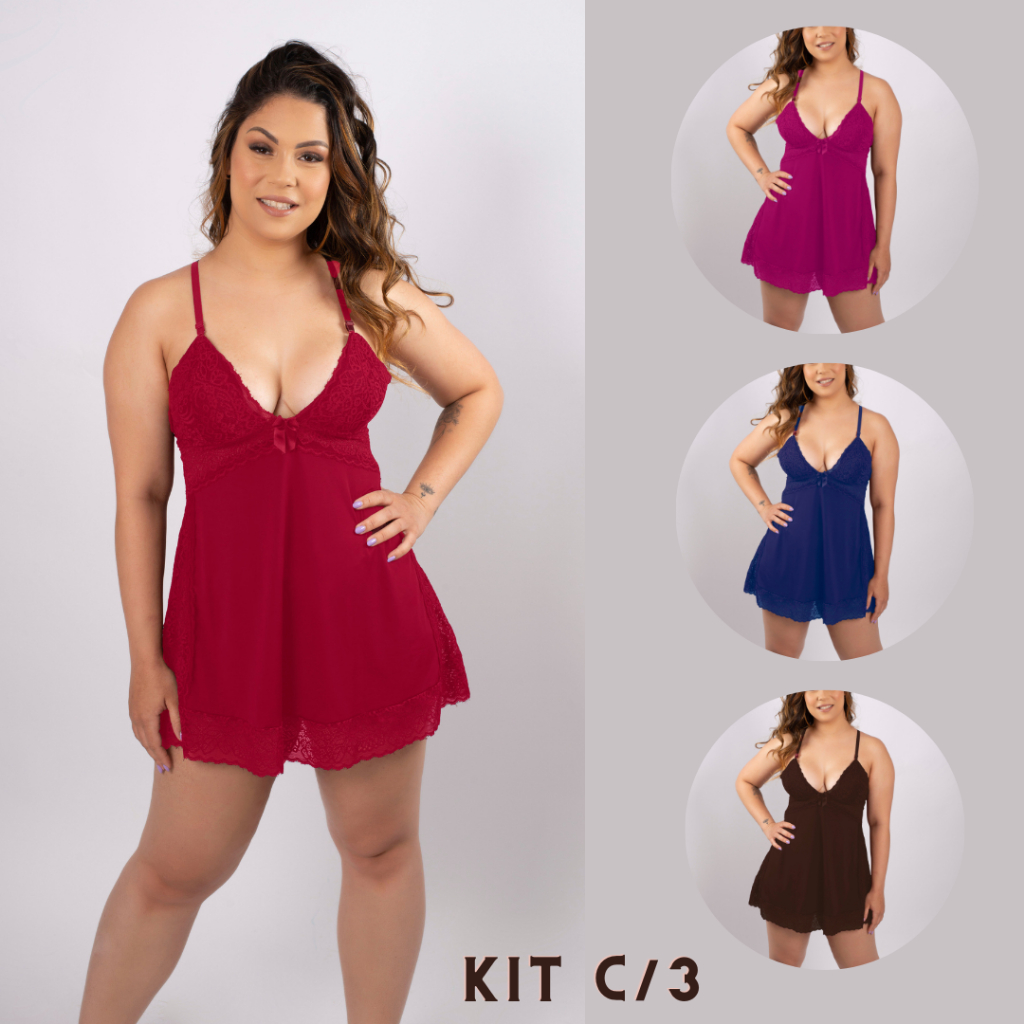 Kit com 3 Camisolas Alice Renda Sem Bojo Costa Cruzada | Lingerie Luxo Camisola Sexy