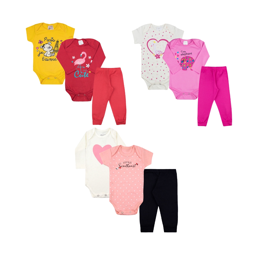 Kit Body Bebê Estampado Manga Longa e Manga Curta com Calça Mijão com 9 Peças Roupa Bebe Algodão para Menino ou Menina