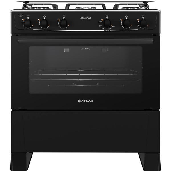 Fogão 5 bocas Atlas Mônaco Plus Preto com Acendimento Automático e Mesa Inox,NOVO