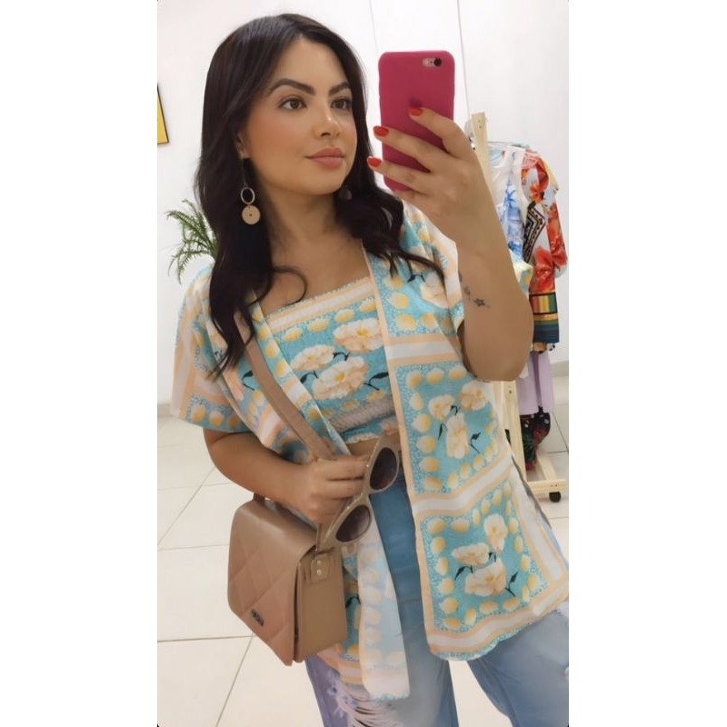 Conjunto kimono e cropped lastex estampado 3 peças floral