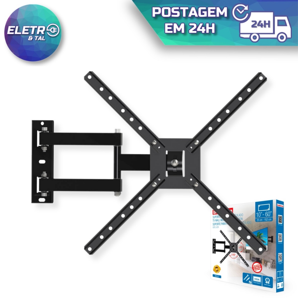 Suporte para Tv Articulado LED LCD Plasma 3D e Smart TV de 10” a 60” Triarticulado 3 Movimentos Vem Montado – Brasforma BRA4.0