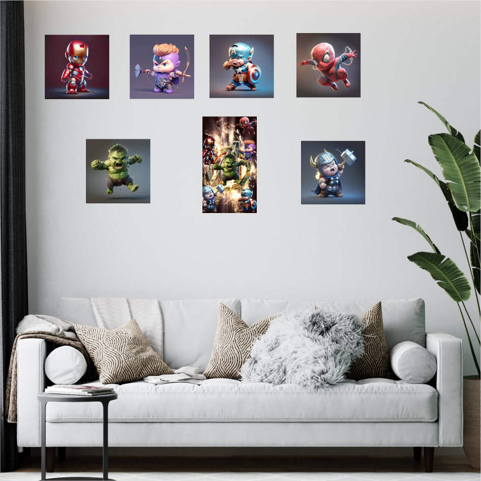 KIT 7 Quadros Heróis Marvel Capitão América - Homem Aranha - Hulk - Thor - Homem de Ferro - Arqueiro PVC PS Vingadores infantil bebê