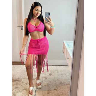 Conjunto Feminino Franja Saia de crochê e Fenda Verão Moda Praia crochê Tendência