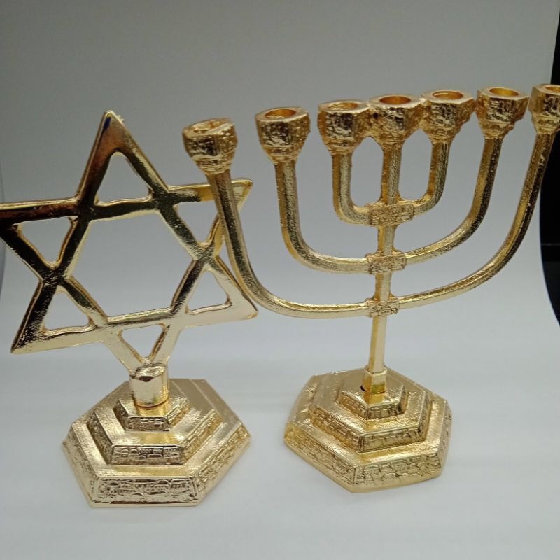 menorah candelabro+estrela Davi kit 2 pcs metal dourado