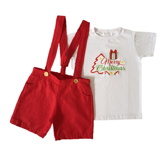 Conjunto Feminino de Natal Jardineira Suspensório E camiseta Natalina 2 Pças