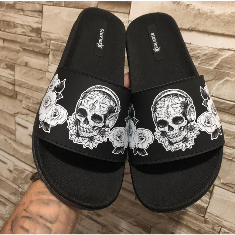 Chinelos Slides Solaris Caveira Mexicana Masculino Feminino Tendência 2026