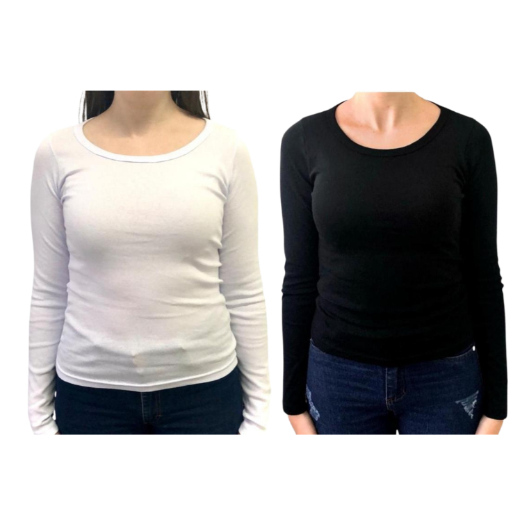 2 Blusas Femininas Manga Longa Gola Redonda Preta e Branca 96% Algodão 4% Elastano