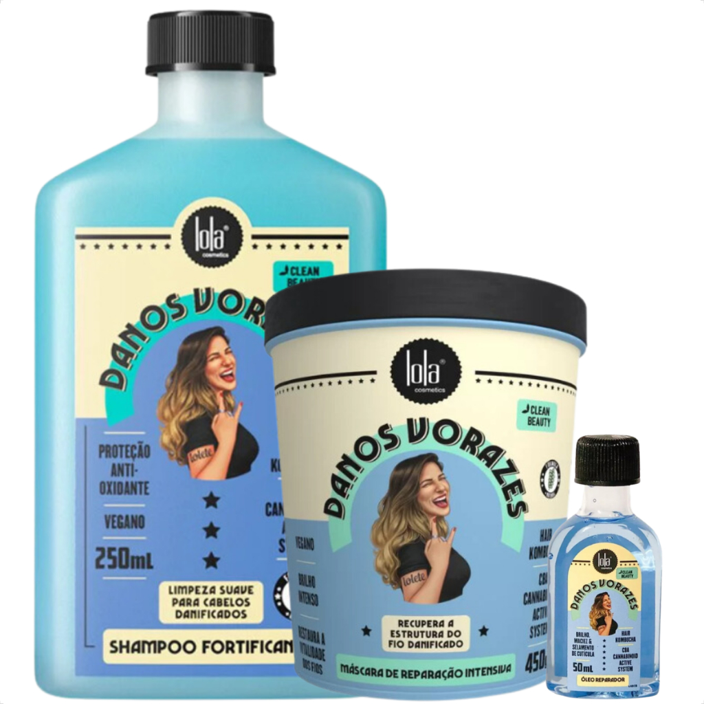 Kit Danos Vorazes Shampoo, Máscara e Óleo Finalizador Lola Cosmetics