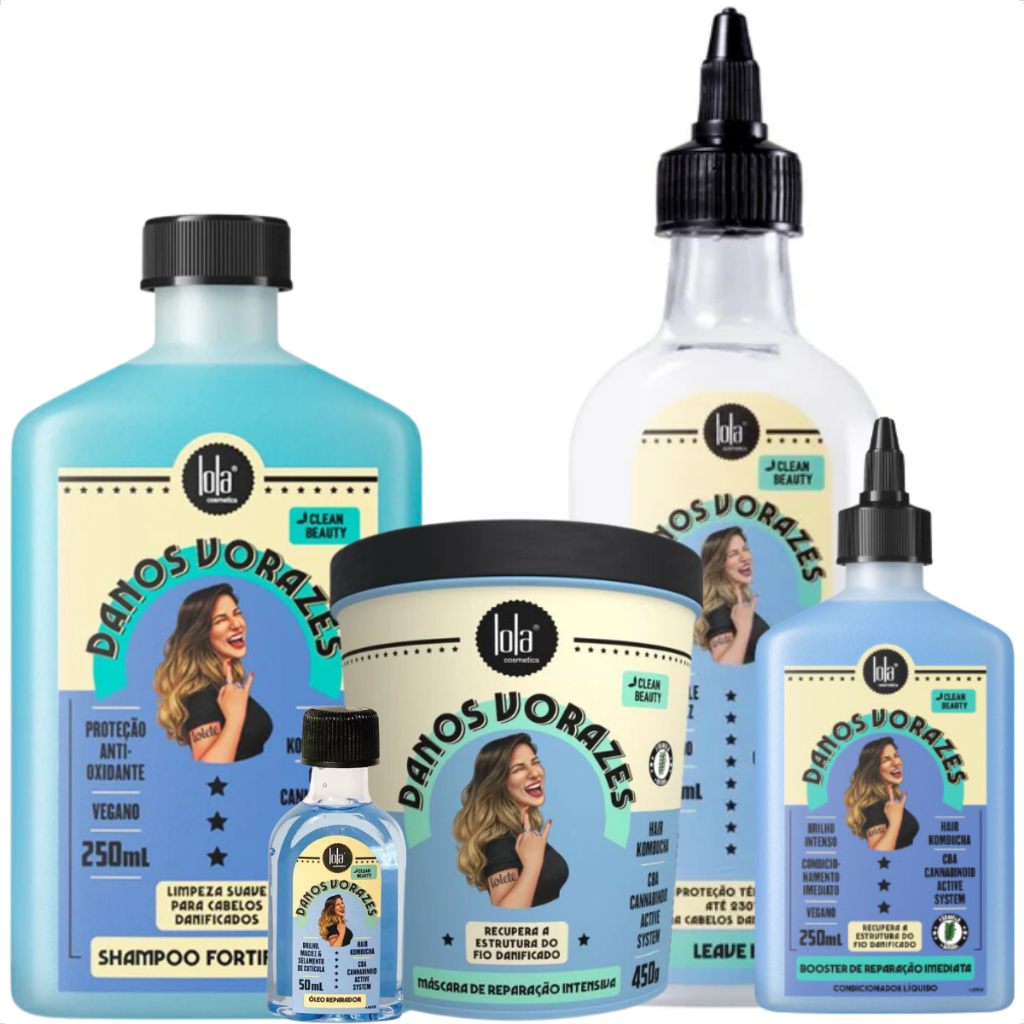 Kit Completo Danos Vorazes 5 Itens Shampoo, Booster, Máscara, Leave-in, Óleo Lola Cosmetics
