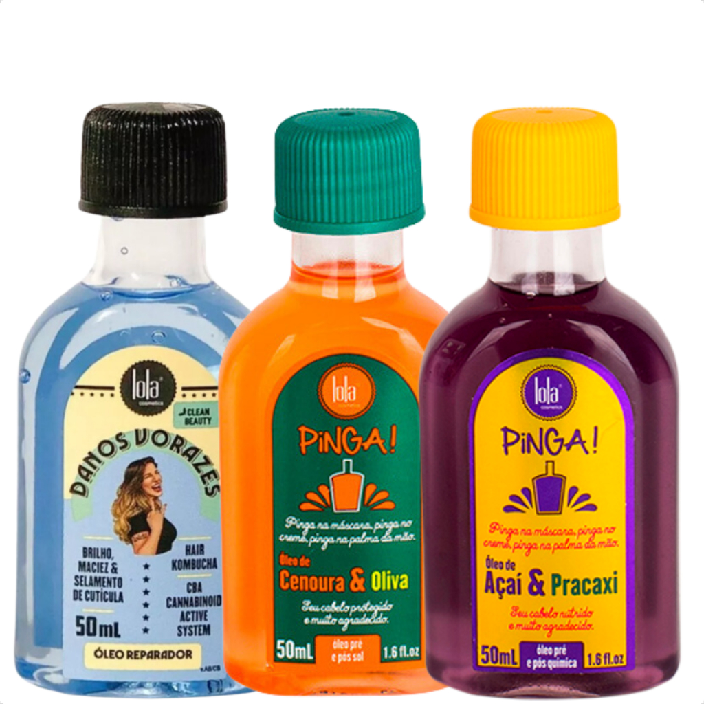 Kit Óleos Finalizadores Pinga Cenoura e Oliva, Açaí e Pracaxi, Danos Vorazes Lola Cosmetics