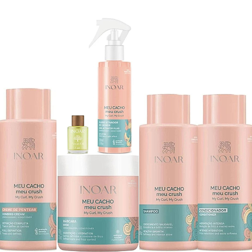 KIT INOAR MEU CACHO MEU CRUSH SH+COND+CREME DE PENTEAR+MÁSCARA4X500+FLUIDO ATIVADOR200ML+OLÉO ARGAN7ML