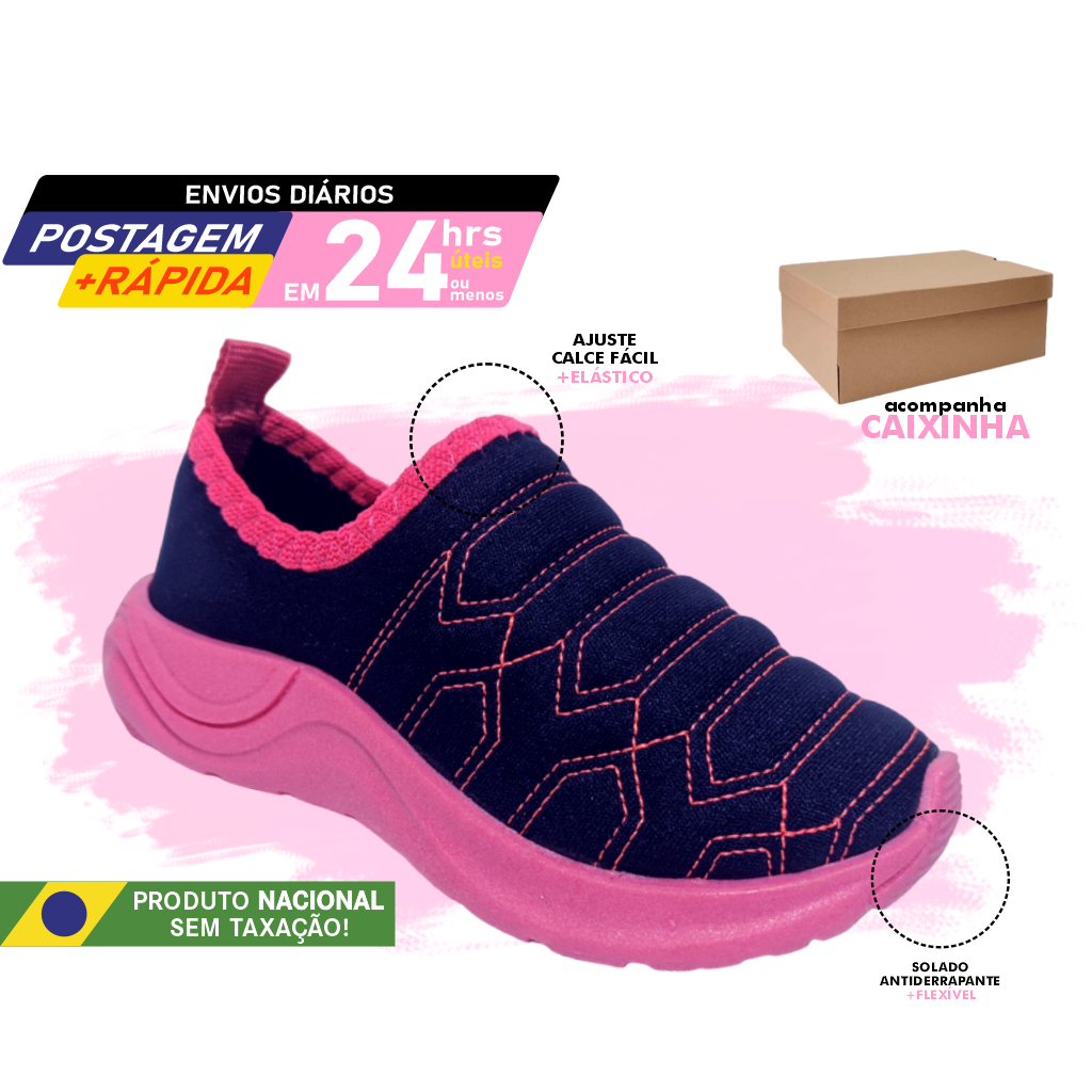 Tênis para menina Marinho e Pink Calce Fácil Slip on Confortável pronta entrega solado escuro sola colorida em Oferta na Shopee