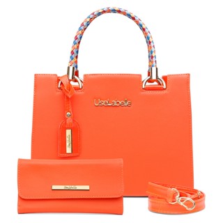 Bolsa Laranja Feminina Alça Colorida em Couro Original + Carteira Luxo + Alça