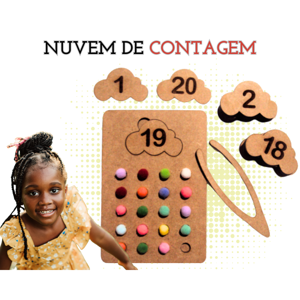 Rêf 085 - Jogo Pedagógico Nuvem de Contagem 1 à 20 - Placa de Matemática Brinquedo Educativo Sensorial Didático