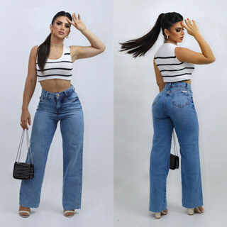 Calça Mom Wide Leg Jeans Cintura Alta Feminina BARRA DESFIADA YAD