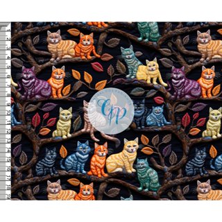 Tecido tricoline, microfibra ou gabardine - Gatos na arvore - coloridos - bordado - 3D - 0.50cm
