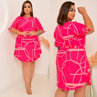 VESTIDO DE MANGA PLUS SIZE FESTA DETALHE AMARRAÇÃO VISCOLINHO TECIDO VERÃO