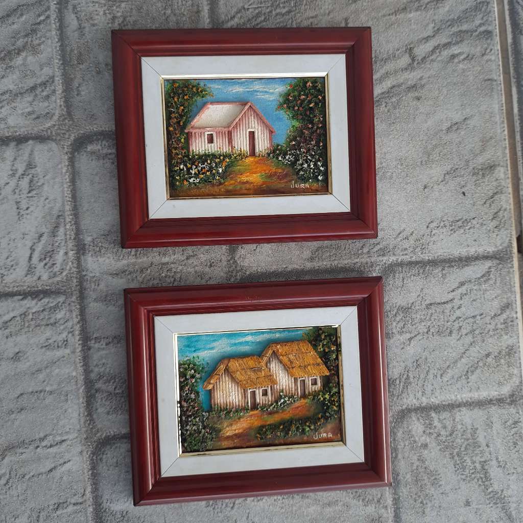 Par de quadros antigos óleo sobre tela técnica mista 15cm x 18cm quadro antigo