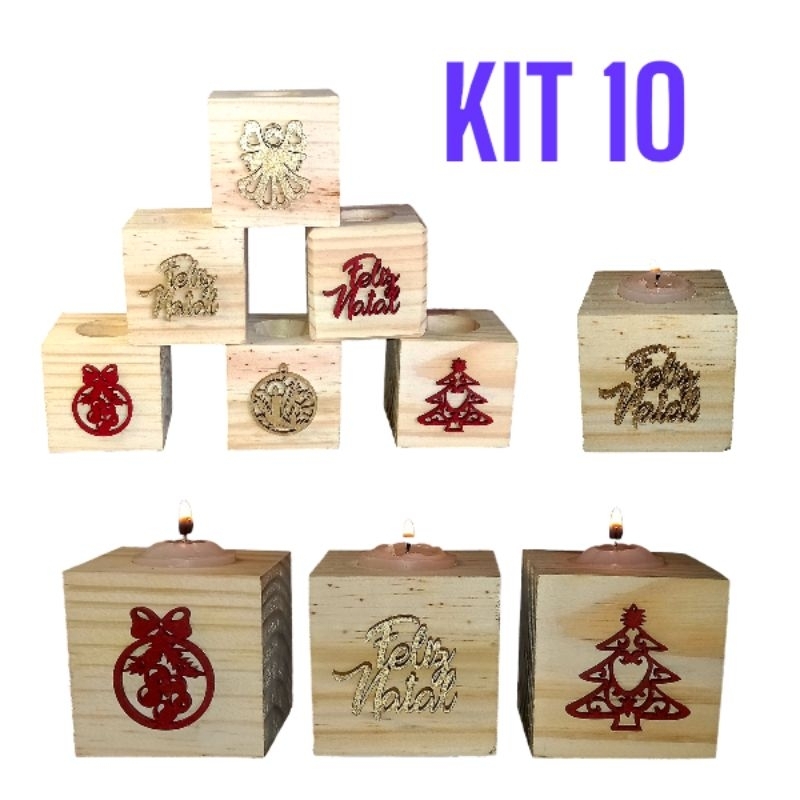 Kit 10 castiçais natalinos completos com a vela Enfeite mesa de natal Mimos natal Castiçal vela de madeira Porta vela de natal Castical porta vela decorativo natal